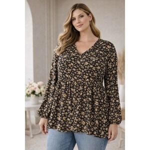 Moa‎ Moa Women 3X Black Floral V-Neck Peplum Long Balloon Sleeve Blouse MTL239X